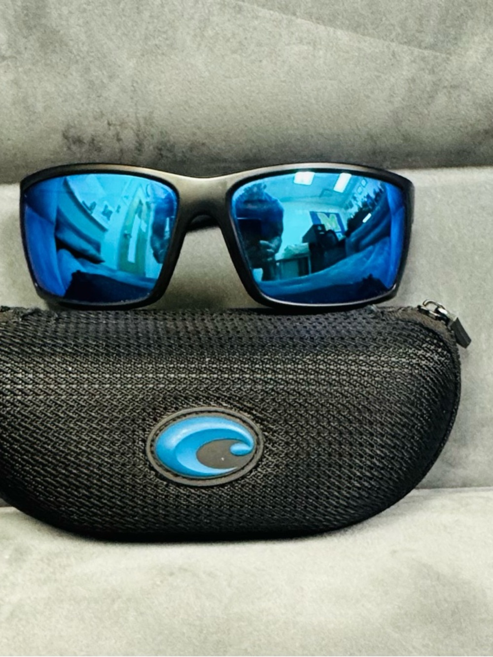 Men's Black Frame Sunglasses with Blue Mirrored Lenses by Costa